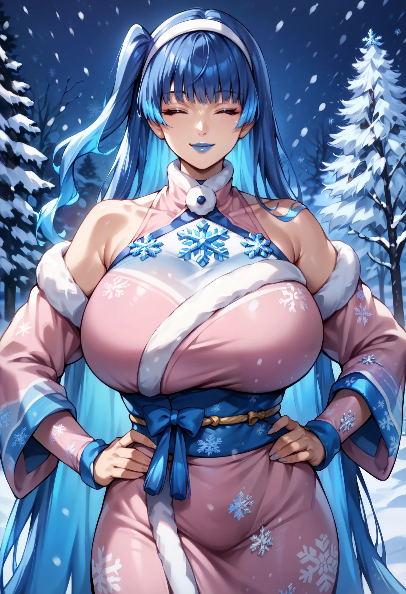 score_9, score_8_up, score_7_up, 1girl, milf, solo, sena, (huge breasts:1.2), (((blue hair), very long hair, bangs, long sidelocks, closed eyes)), blue lips, ((hairband, bare shoulders, pink kimono, snowflake print)), ((smile)), ((looking at you, hands on own hips, winter, snowing, night))