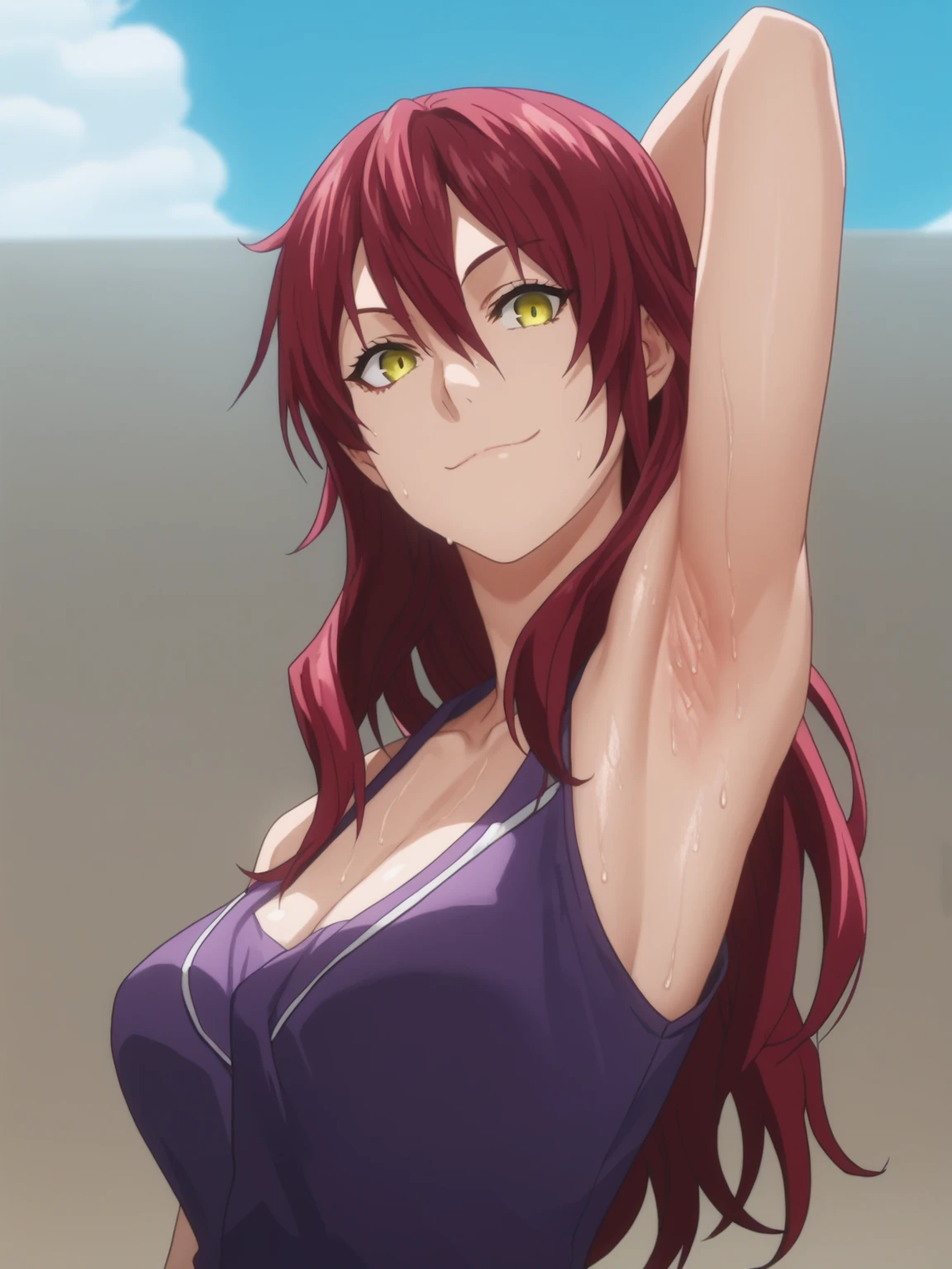 score_9, score_8_up, score_7_up, source_anime, anime screencap, 1girl, solo, rindou kobayashi, long hair, red hair, yellow eyes, large breasts, purple outfit, arm behind head, armpit, armpit focus, from side, looking at viewer, head towards viewer, smile, closed mouth, badhandv4, outdoors, day, sweaty armpits, sweating, detailed armpits 