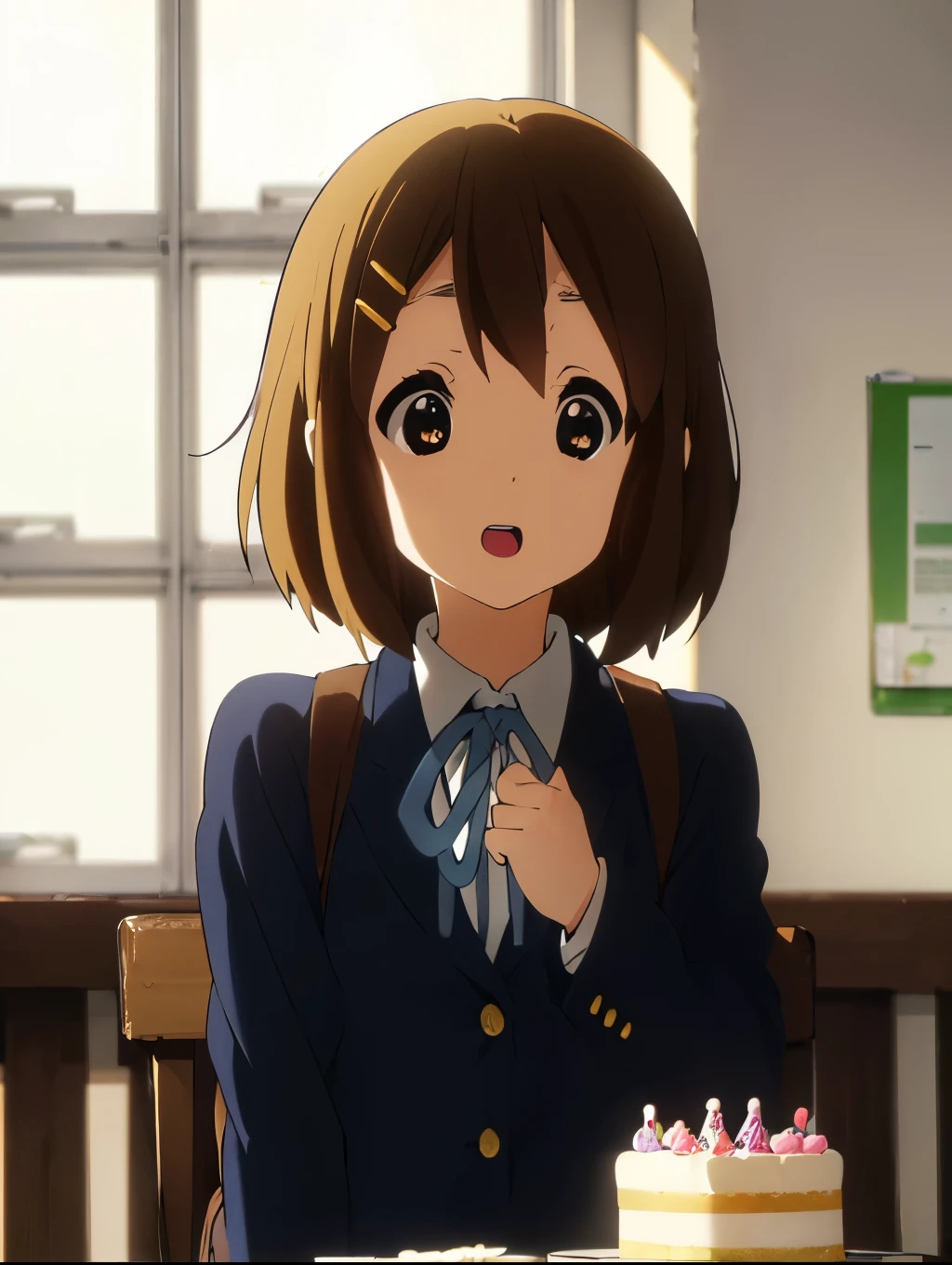 1girl, (((​masterpiece))), top-quality, top-quality, High Details, Hirasawa Yui, 1girl, Sakuragaoka High School Uniform, student clothes, two yellow hairpin, short hair, A brown-haired, brown-eyed, solo, reddish, Dark blue blazer with thin blue ribbon, Solid white buttoned shirt under blazer, illustratio, comic strip, soothing tones, Subdued Color, Soft cinematic light, adobe lightroom, photolab, HDR, intricately and hyper-detailed、(((depth of fields))))。(((​masterpiece)))。(((top-quality))).)(( ultra-detailed)))。(((illustratio)))。(((takeout))).dynamic focus.big breasts.(((School))).(((A classroom))).(((Face of happiness))). open mouth.(((hand carrying birthday cake))).(((up chest))).((afternoon glow)).((the setting sun)).