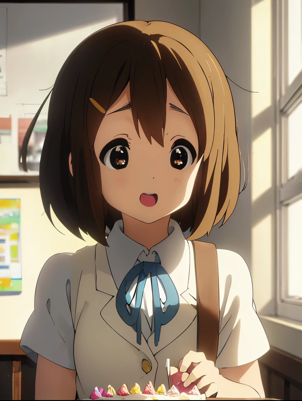 1girl, (((​masterpiece))), top-quality, top-quality, High Details, Hirasawa Yui, 1girl, Sakuragaoka High School Uniform, student clothes, two yellow hairpin, short hair, A brown-haired, brown-eyed, solo, reddish, Dark blue blazer with thin blue ribbon, Solid white buttoned shirt under blazer, illustratio, comic strip, soothing tones, Subdued Color, Soft cinematic light, adobe lightroom, photolab, HDR, intricately and hyper-detailed、(((depth of fields))))。(((​masterpiece)))。(((top-quality))).)(( ultra-detailed)))。(((illustratio)))。(((takeout))).dynamic focus.big breasts.(((School))).(((A classroom))).(((Face of happiness))). open mouth.(((hand carrying birthday cake))).(((up chest))).((afternoon glow)).((the setting sun)).