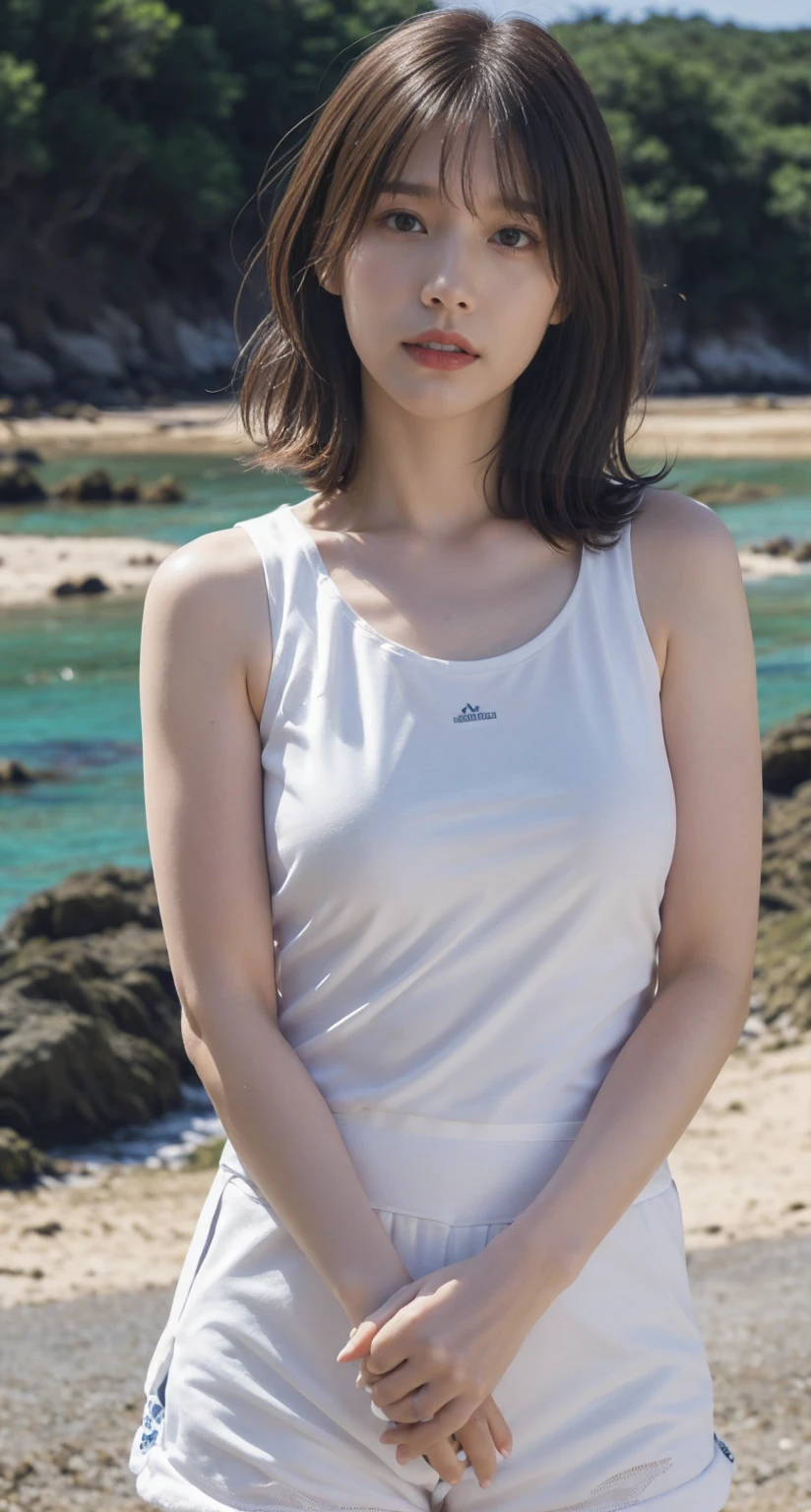 solo,  long hair,  1 girl,  high definition , masterpiece,  anatomically correct,  best quality,  Ultra High Definition,  textured skin ,  8k octane, woman、 Big Breasts 、 short、155cm, (((shorts and tank top ))), ((( The background is a midsummer coastal road))),  hair fluttering in the wind 、 and look at this, 