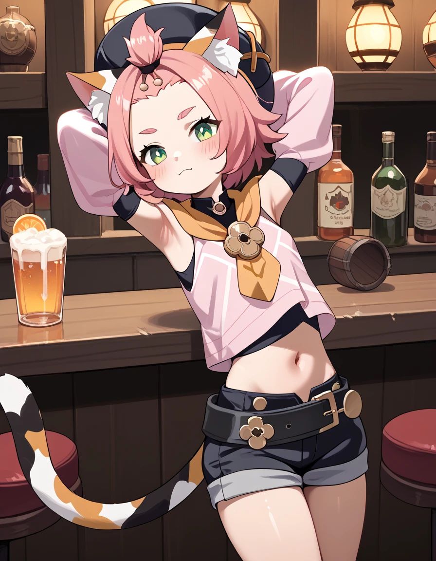 score_9, score_8_up, score_7_up, score_6, source_anime, BREAK diona \(genshin impact\), mngmst_style, 1girl, animal ear fluff, animal ears, belt, black shorts, cat ears, cat girl, cat tail, forehead, green eyes, hat, navel, pink hair, pink shirt, shirt, short hair, shorts, solo, tail, topknot,  armpits, bar, sexy, blush, neutral face