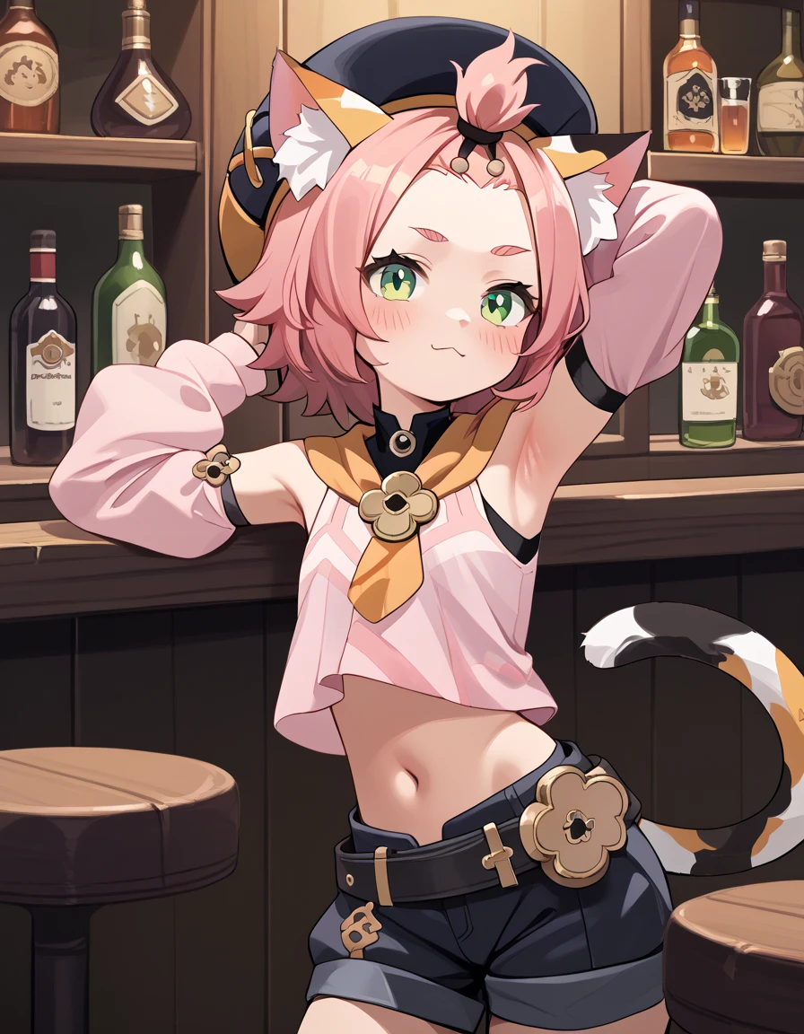 score_9, score_8_up, score_7_up, score_6, source_anime, BREAK diona \(genshin impact\), mngmst_style, 1girl, animal ear fluff, animal ears, belt, black shorts, cat ears, cat girl, cat tail, forehead, green eyes, hat, navel, pink hair, pink shirt, shirt, short hair, shorts, solo, tail, topknot,  armpits, bar, sexy, blush, neutral face