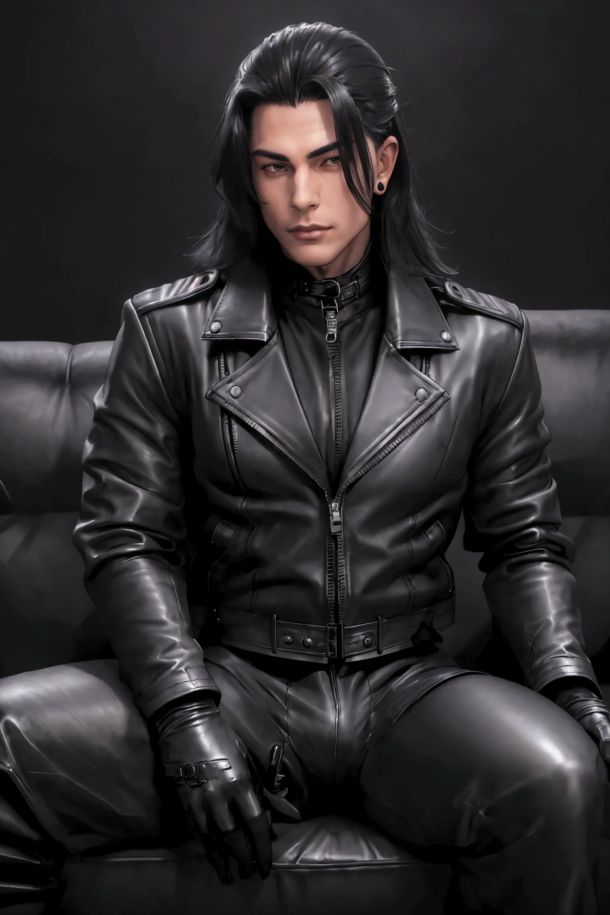 A handsome boy with long black hair, (((wearing black leather jacket and black gloves))), ((black militar boots)), and latex pants, in the black background, highlighting the main body. Color matching:  black is the main colors, reflecting the image of suguru geto. Art style: realism, paying attention to details and texture. Camera setting simulation: Use the appropriate focal length and aperture to ensure that the picture is clear and sharp. Attention to picture quality: pay attention to details Other details: You can adid some flight-related elements, such as clouds, runway indicators, etc, to increase the atmosphere of the picture. handsome man, muscle, monochrome Gray-tone black and white photo, abs, muscle,（High detail 8K)! ((Realistically)), ! 192 cm! Popular clips! ( High detail 8k ((Realistically)), (((abs))), (((NSFW))), (((sitting on a black sofa))),