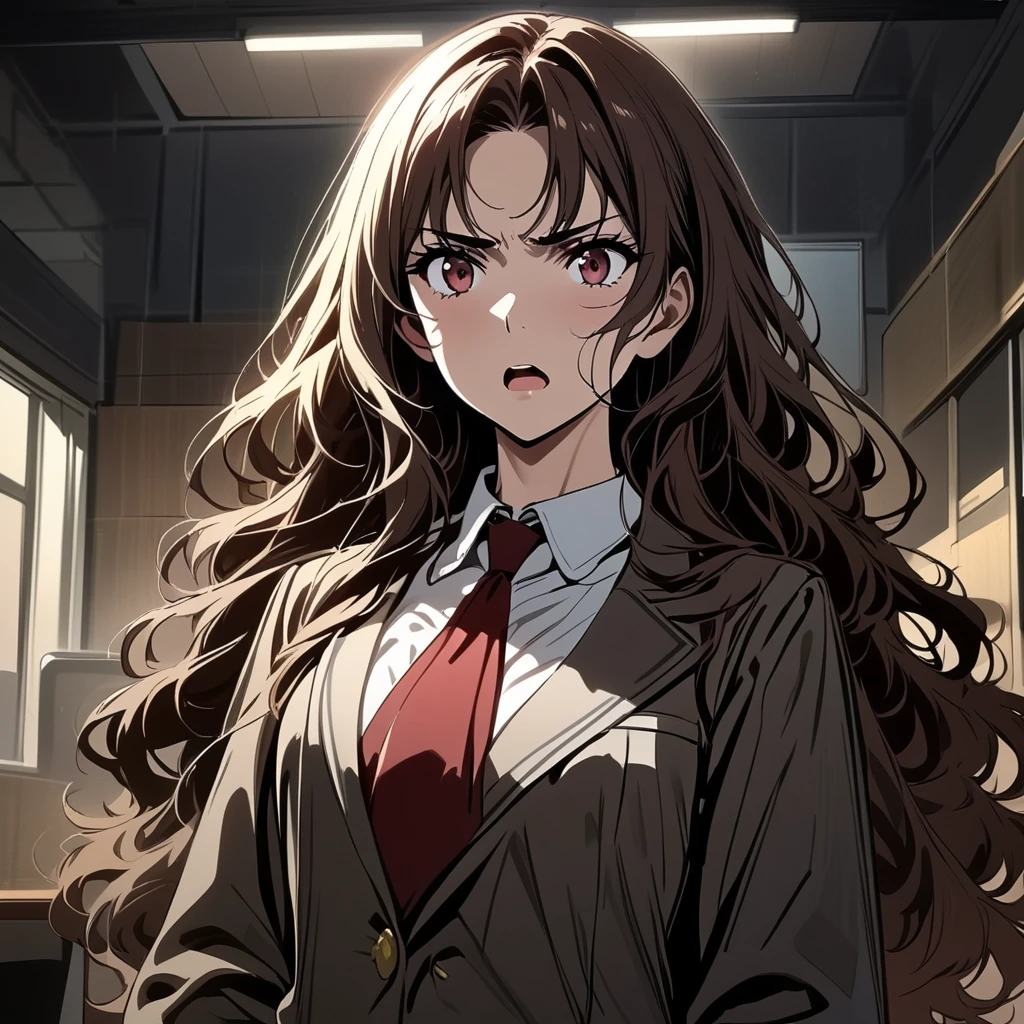  masterpiece , 1 girl,  old boy,  black school uniform, red tie, fringe,  long hair , Dark brown wavy hair,  in a classroom,  at night, serious look, Open mouth,  lyrics, Detailed  