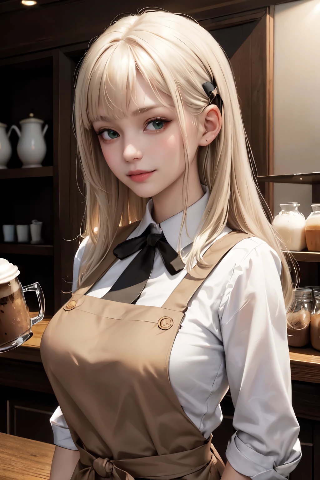 masterpiece, best quality, portrait, 1lady standing in coffee shop, solo, upper body, casual, long hair, minimal makeup, neck ribbon tie, Brown Apron coffee shop,  (smile:0.8),  looking forward, looking towards camera, front view, forward portrait, looking at camera portrait, big breasts, long light platinum blonde hair, bangs, green eyes, closed mouth, 