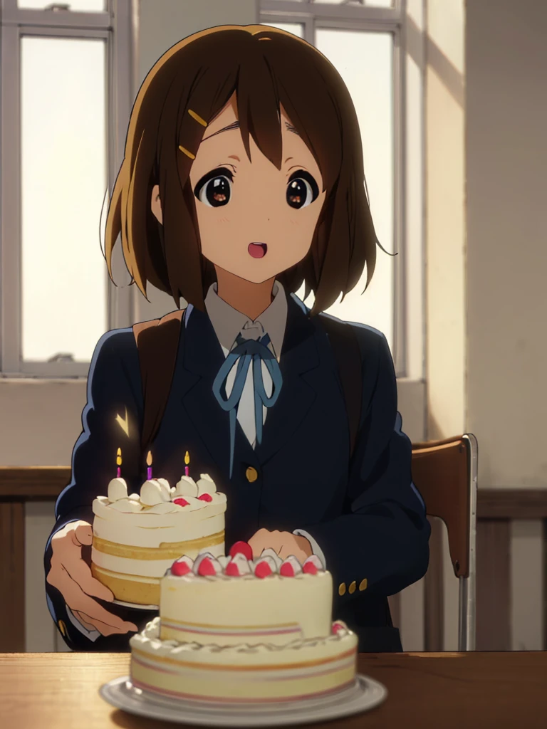 1girl, (((​masterpiece))), top-quality, top-quality, High Details, Hirasawa Yui, 1girl, Sakuragaoka High School Uniform, student clothes, two yellow hairpin, short hair, A brown-haired, brown-eyed, solo, reddish, Dark blue blazer with thin blue ribbon, Solid white buttoned shirt under blazer, illustratio, comic strip, soothing tones, Subdued Color, Soft cinematic light, adobe lightroom, photolab, HDR, intricately and hyper-detailed、(((depth of fields))))。(((​masterpiece)))。(((top-quality))).)(( ultra-detailed)))。(((illustratio)))。(((takeout))).dynamic focus.big breasts.(((School))).(((A classroom))).(((Face of happiness))). open mouth.(((hand carrying birthday cake))).(((up chest))).((afternoon glow)).((the setting sun)).