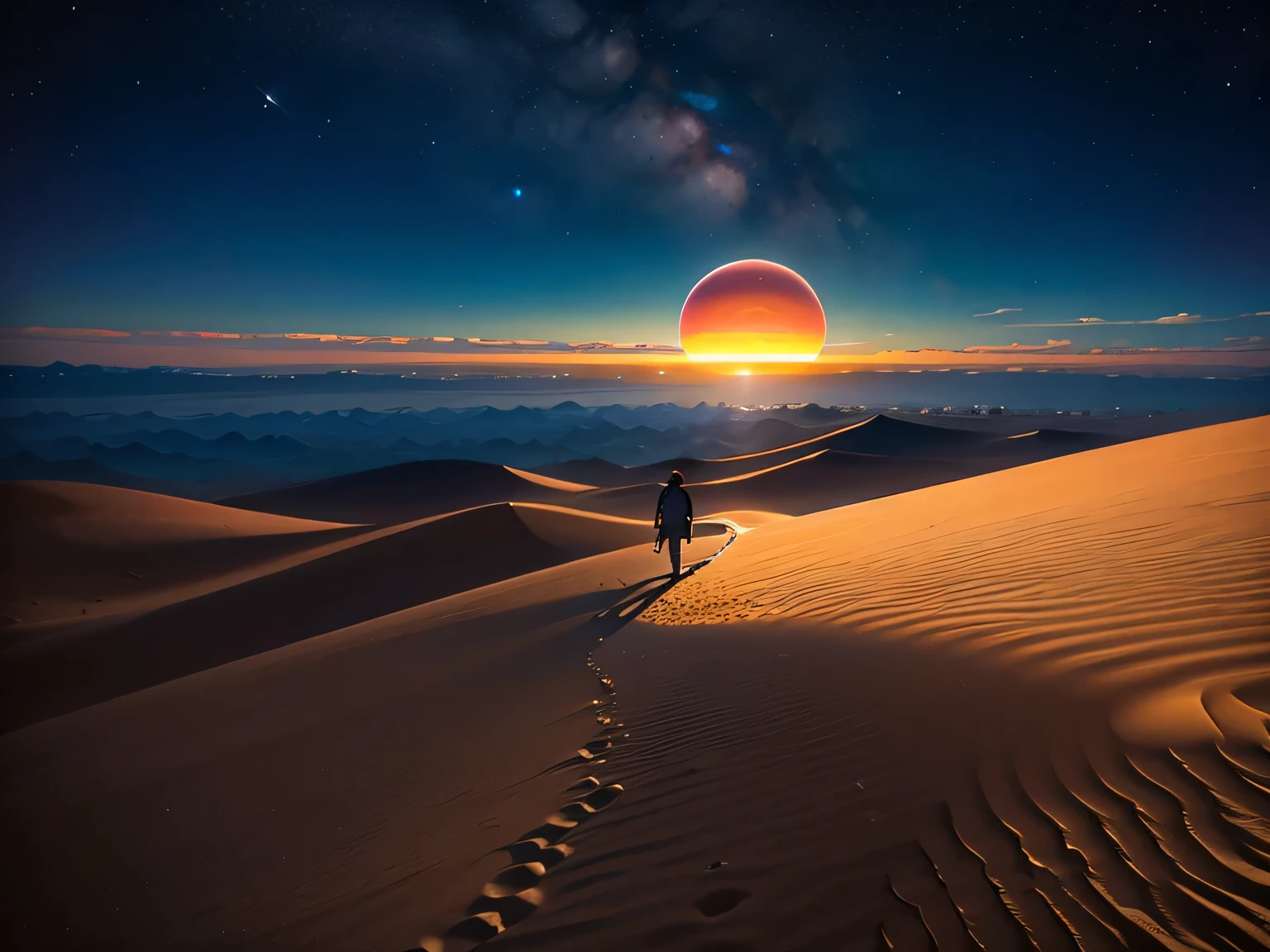  Scenery 、night、desert、 people walk on mountains of sand in the distance、Big planets float in the sky、 fantasy world where you can gaze at planets
