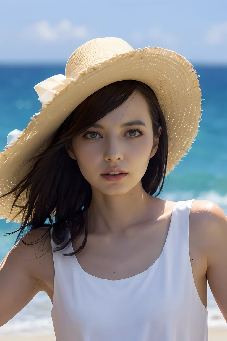 (Best Quality, 8k, 32k, Masterpiece, UHD:1.2), Cute Japan Woman Pictures, 1 Girl, (Big), (Tall Women), (Abs), (Lips), (Medium Short Dark Brown Hair), Double Eyelids, Wet Skin, T-Back, Realistic Rays, Beach, (White Tiny Bikini), Ass Visible,