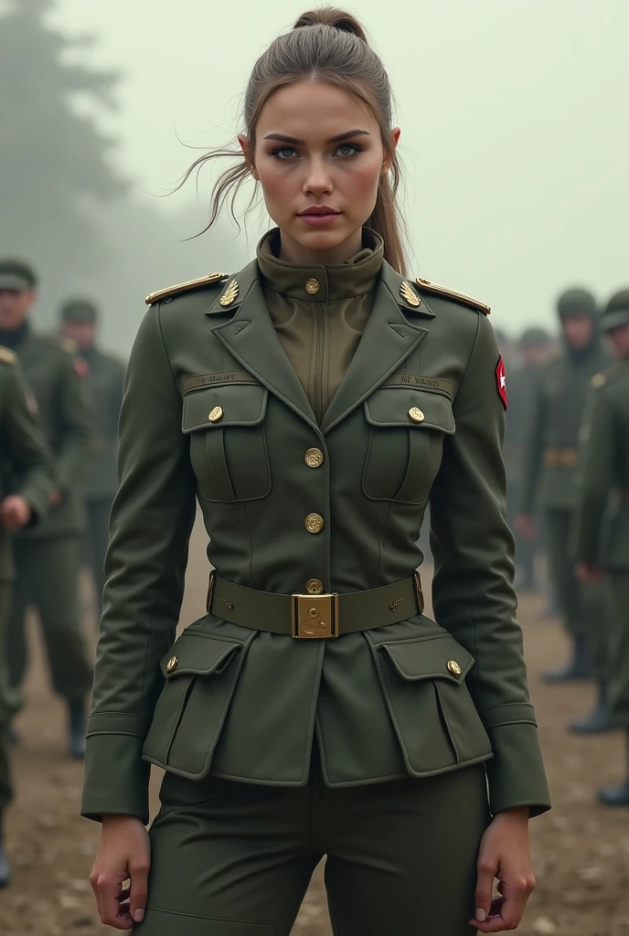 Women in uniform stand in front of a group of soldiers, Color photo of Emma Andievska, tumblr, Wearing a military uniform, Wearing a military uniform, Full uniform, Wearing a black military uniform, Wearing a military uniform, girl in uniform, Officer uniform, Wearing a military uniform, Wearing a general's uniform, Full uniform, slodier uniform, Digital art, Surrealism, UHD, textured skin, highres