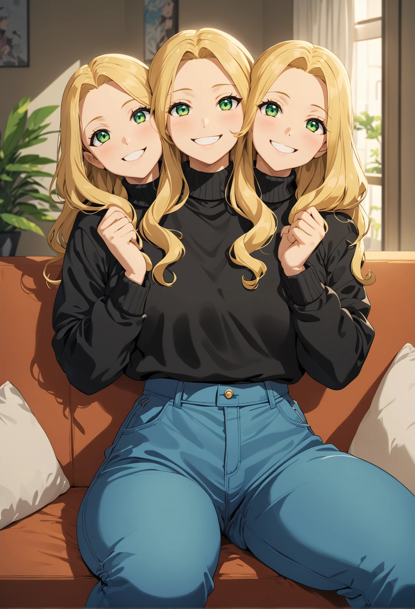 anime, (masterpiece, best quality), best resolution, three heads, conjoined, 1girl, blond hair, green eyes, smiling, happy, black sweater, blue long pants, sitting on a couch, apartment living room