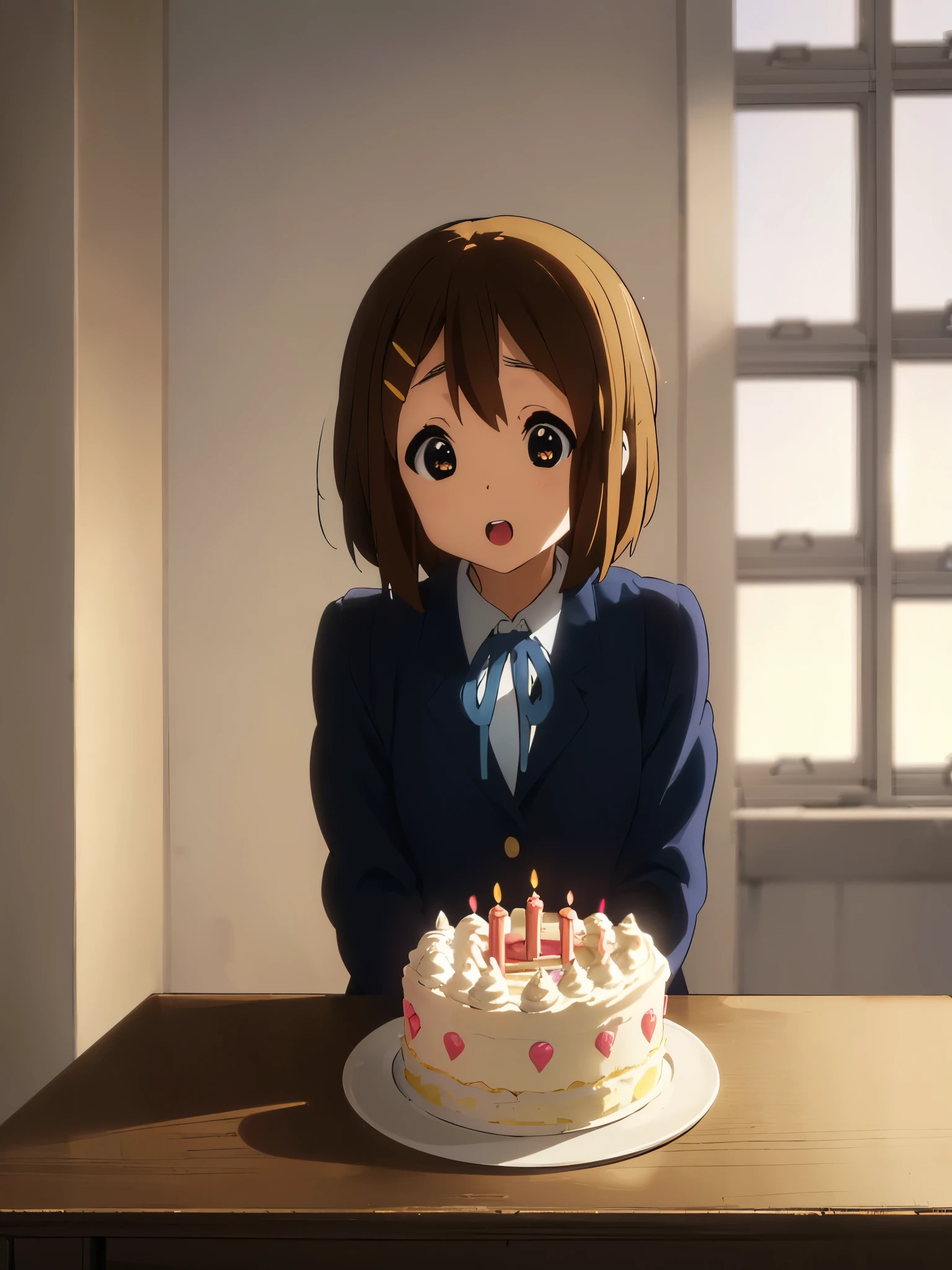 1girl, (((​masterpiece))), top-quality, top-quality, High Details, Hirasawa Yui, 1girl, Sakuragaoka High School Uniform, student clothes, two yellow hairpin, short hair, A brown-haired, brown-eyed, solo, reddish, Dark blue blazer with thin blue ribbon, Solid white buttoned shirt under blazer, illustratio, comic strip, soothing tones, Subdued Color, Soft cinematic light, adobe lightroom, photolab, HDR, intricately and hyper-detailed、(((depth of fields))))。(((​masterpiece)))。(((top-quality))).)(( ultra-detailed)))。(((illustratio)))。(((takeout))).dynamic focus.big breasts.(((School))).(((A classroom))).(((Face of happiness))). open mouth.(((hand carrying birthday cake))).(((up chest))).((afternoon glow)).((the setting sun)).