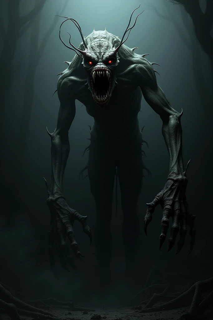 black back ground, monster alien evil sci-fi fog, wet skin, raining
