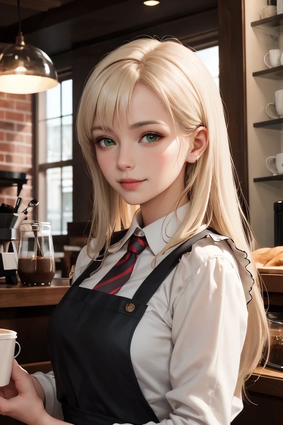 masterpiece, best quality, portrait, 1lady standing in coffee shop, solo, upper body, casual, long hair, minimal makeup, neck ribbon tie, Brown Apron coffee shop,  (smile:0.8),  looking forward, looking towards camera, front view, forward portrait, looking at camera portrait,  long light platinum blonde hair, bangs, green eyes, closed mouth, 