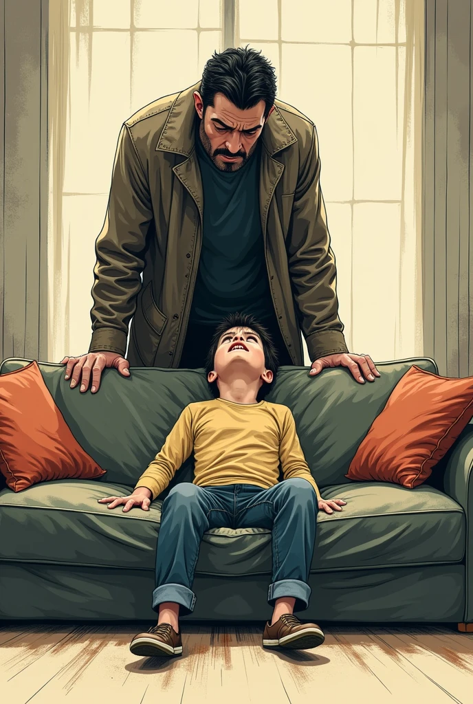 A man wearing a black t shirt, dragging a boy by the arm, while the boy holding on to his bed, on a top perspective view