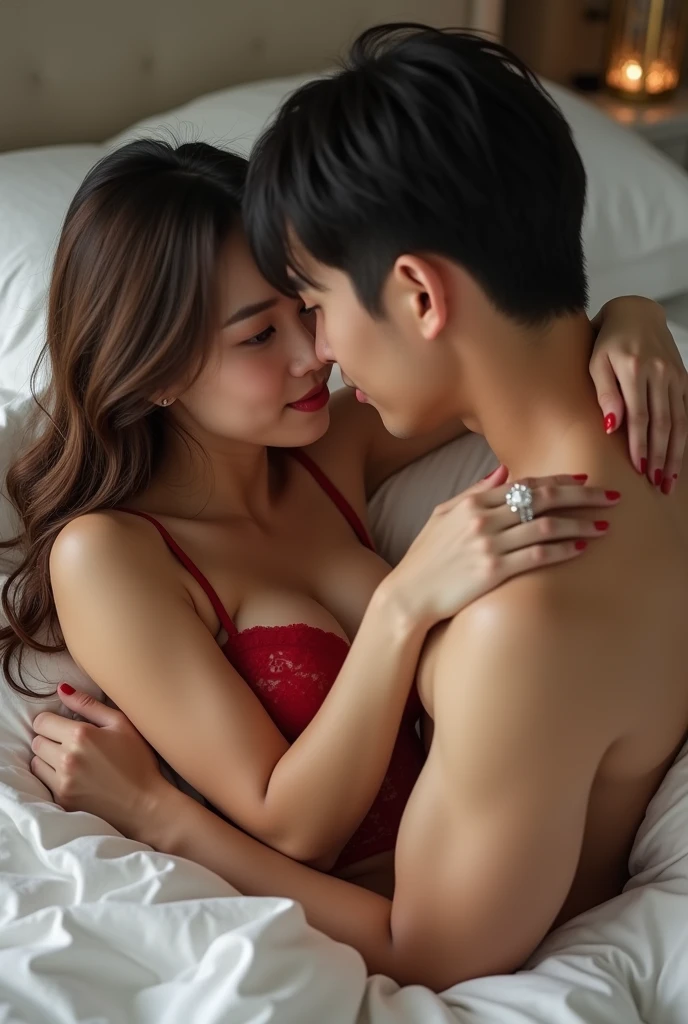 Lying in bed、Man and woman making love naked２a person、embracing each other２a person、Macho and short-haired boy、short-hair、detailed hairs、Beautiful and delicate skin、moderately sized breasts、(White underwear)、Small underwear、A slender、A woman rides on top of a man、Rubbing a woman's breasts、the kiss、Expression of pleasure、Woman bending body、gasp、Expression of pleasure