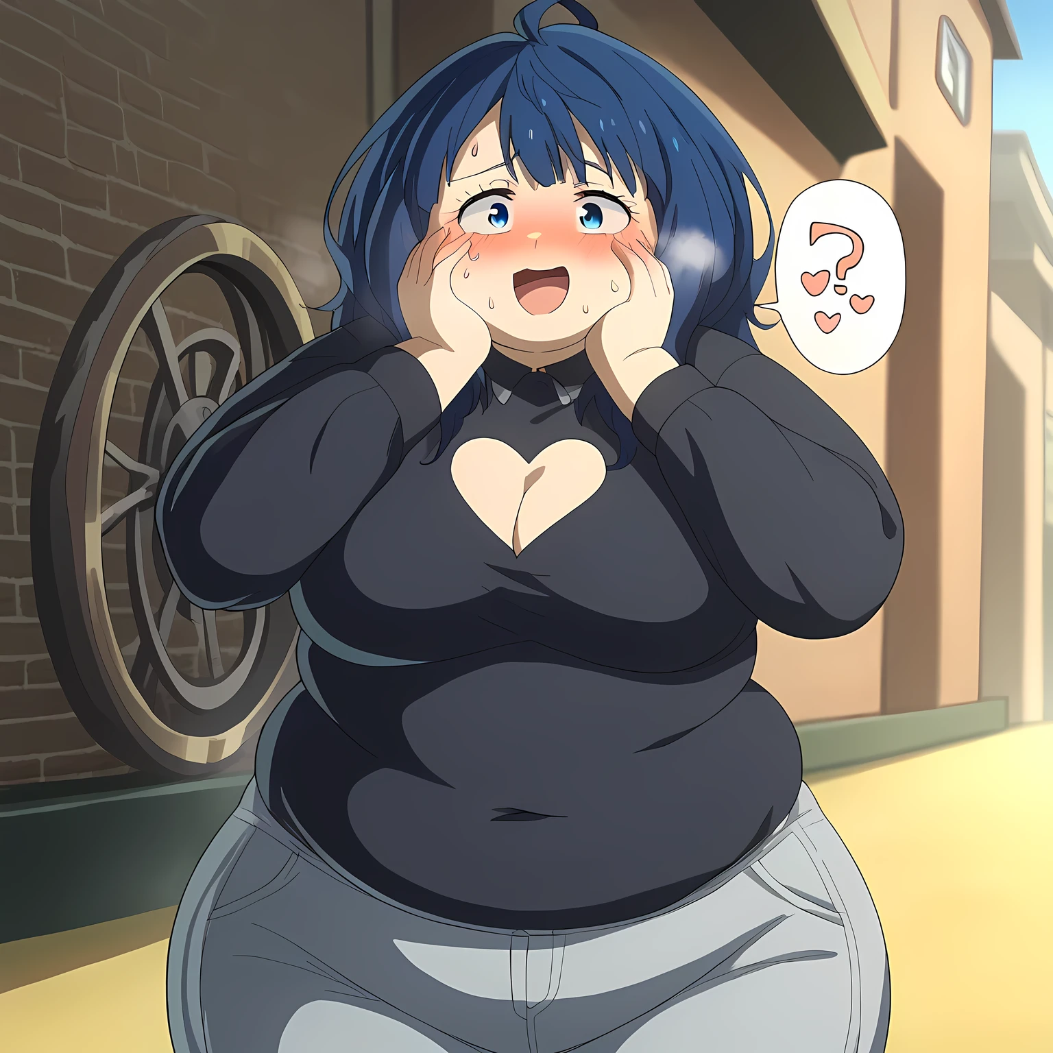 yanamianna, medium hair, ahoge,blue hair,blue eyes, large breasts, tight shirt, black shirt, heart cutout cleavage, hoodie coat, long sleeves, tight pants, denim pants, open mouth, blush, smile, outdoor, amusement park, Ferris wheel, from front, solo, alone, masterpiece, best quality, ultra-detailed, high resoolution, 8K, detailed background, dynamic moving, detailed face, anime, ,fat, chubby, obese, open mouth, out of breath, absurdres, highres icon, rating:General, confused, blush, spoken question mark, {flustered}, nervous sweating, portrait, pov hands, hand on another's cheek, averting eyes, [looking away], straight-on, , swollen face, upper body, 