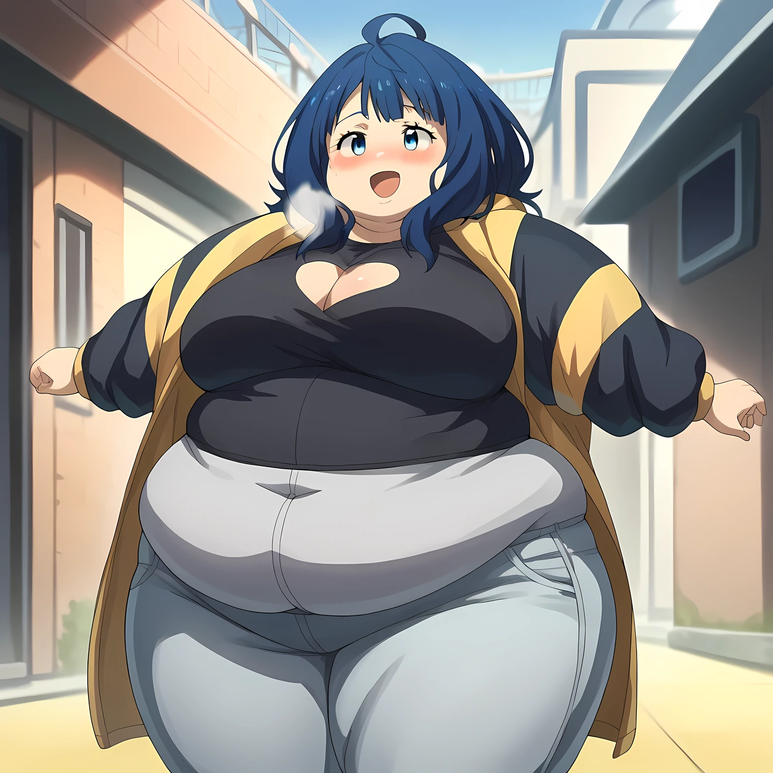 yanamianna, medium hair, ahoge,blue hair,blue eyes, large breasts, tight shirt, black shirt, heart cutout cleavage, hoodie coat, long sleeves, tight pants, denim pants, open mouth, blush, smile, outdoor, amusement park, Ferris wheel, from front, solo, alone, masterpiece, best quality, ultra-detailed, high resolution, 8K, detailed background, dynamic moving, detailed face, anime, fat, chubby, obese, gigantic arms and legs, large breasts open mouth, out of breath 
