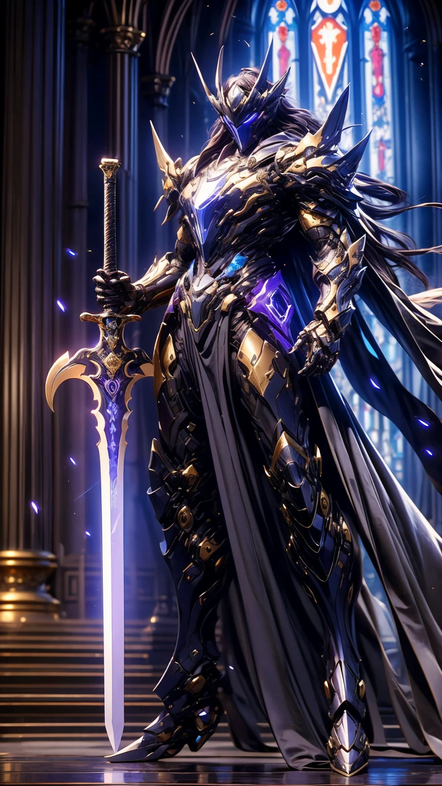  close-up of a person wearing a purple costume and holding a sword, Purple Armor, sleek Purple Armor,  8k HD Wallpaper jpeg Artifact ,  8k HD wallpaper jpeg artifact , ethereal and Mecha theme,  Overwatch Sigma ,  Armor with a Purple Glowing Core , Threatening. Unreal 5, Cyber Suit, Cyber Armor,  8K High Detailed Concept Art ,  Ultra Wide Shot ,   full body shot , (masterpiece) ，  最 High Quality  ，  High Quality ， （futuristic：1.1）， （ Paladin with a Sword that harbors Light , The magic of light, Sacred, Wave,  silver and gold）， movie lights， （A wonderful future），   Beautiful and Beautiful  ，   super detailed ， great composition， floating，  depth of writing， （ Highly Detailed CG， Unity 8k Wallpaper ）， （  beautiful detail background  ），  Beautiful Hair Details ，  dramatic light s， Gogeta， Mecha， best quality ， ultra high resolution with forest background，Photographically,  Handsome Man with White Skin ,  Beautiful Hair Details _Red suit, dark_ fantasy standing in a church,   curly long hair , Red Moon,  pixib, ,  Elegant Eerie , FF14,  dramatic light ,  fantasy standing in a church background,  manga style, Nihei Tsutomu style ,  Vibrant Joint 、Bright purple hair、woman、 attractive style holding a big axe、Big Breasts、 big breasts、