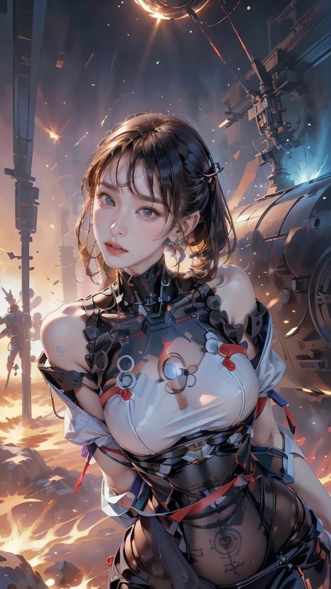 Zerg Queen Beautiful Girl: Ranlinger, 18 years old with slim body, (android:1.6), white silver Messy Hair, beautiful Perfect Face, Soft Skin, Perfect Face, Yasutomo Oka's painting style, Big firm Breasts, Sexy, Sharp Eyes, Break, dynamic sexy poses, sweat, mechanical body armor, cleavage is exposed, Add light purple and purple, Add Light Red, Intricate details, Splash screen, 8K resolution, masterpiece,(military medals:1.4), (Ruthless, dignified, mad, brutal:1.3), (space colony, battle, bloody, universe, stars, moon, starships, star fighter, beams, blusts, bombing:1.5), Sharp Eyes, Break
