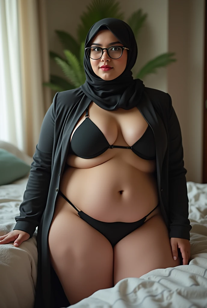 Femme arabe ssbbw en hijab et lingerie sexy, body noir vue arriere lateral