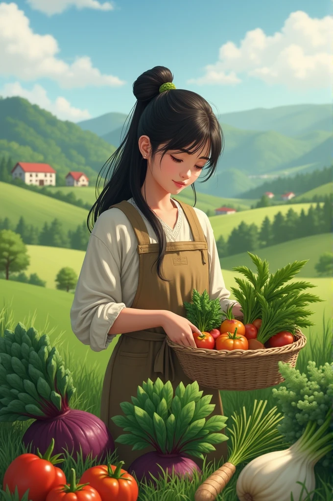 Farmers smile with fruits and vegetables，中景 the scene is，shallowdepthoffield，line art，O logo，logo，Hee hee field farmer，Logo design，对称，straight line