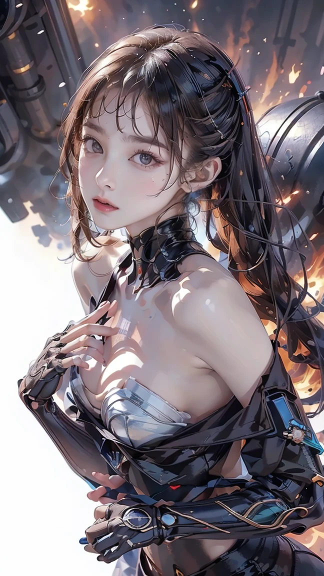 NSFW,((top quality、8k、masterpiece:1.3))Wears a silver-white mech,girl with delicate face,Highest image quality,Ultra-clear,Delicate and clear facial features,end of the world,Mechanical arm,Exquisitely detailed mechanical pattern,Cyberpunk characters、numbercity、number、century、throne、(((Completely naked)))