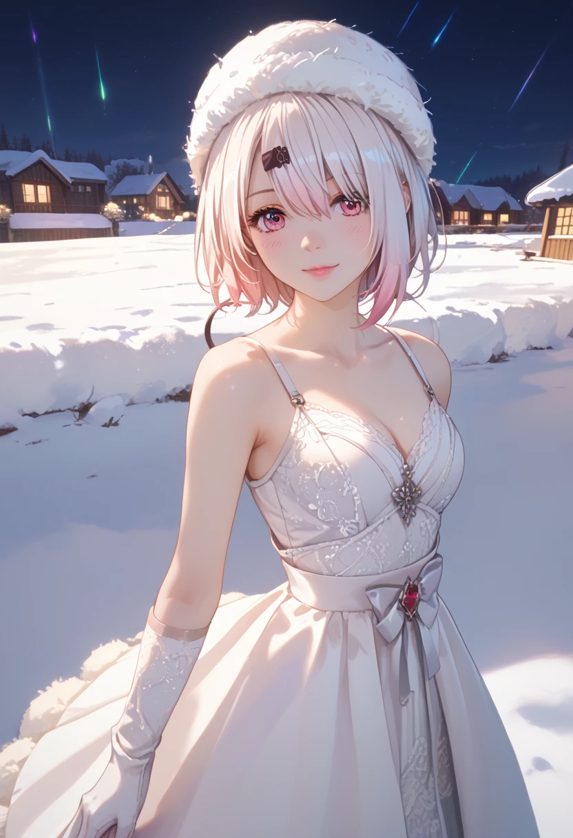 Anime,   girl ,  beautiful,  fur hat, Warm gloves ,   sexy,   short hair , beautifulアウトフィット, Fur dress,  Hair dye ,  Very beautiful Dress,   The background is above the background   ((Northern Lights :1.1)), Snow ,  Clear morning sky ,  Uribka , joy, Gentle colors,  bright color, 8K Yen,   intricate detail ,   best quality,    Perfect Anatomy   , masterpiece,