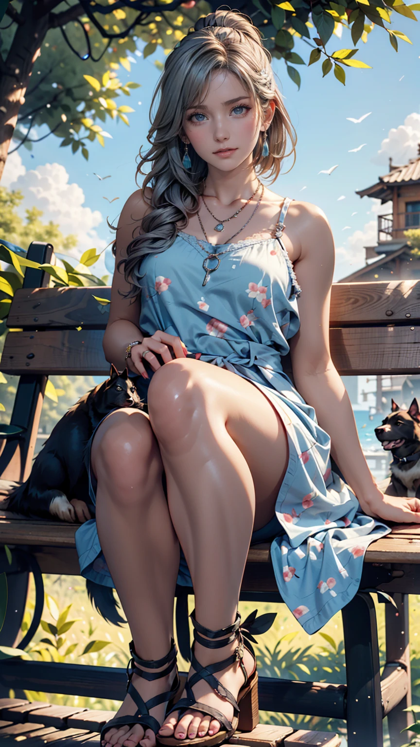  best quality, A woman was sitting on a bench , summer_ dress, dogs printed in the  dress、 lace up sandals 、 Silver Hair、Chignon、 Necklaces 、 earrings for a woman alone、Manicure、petticoat、blue sky、cloud、 sunlight filtering through the trees