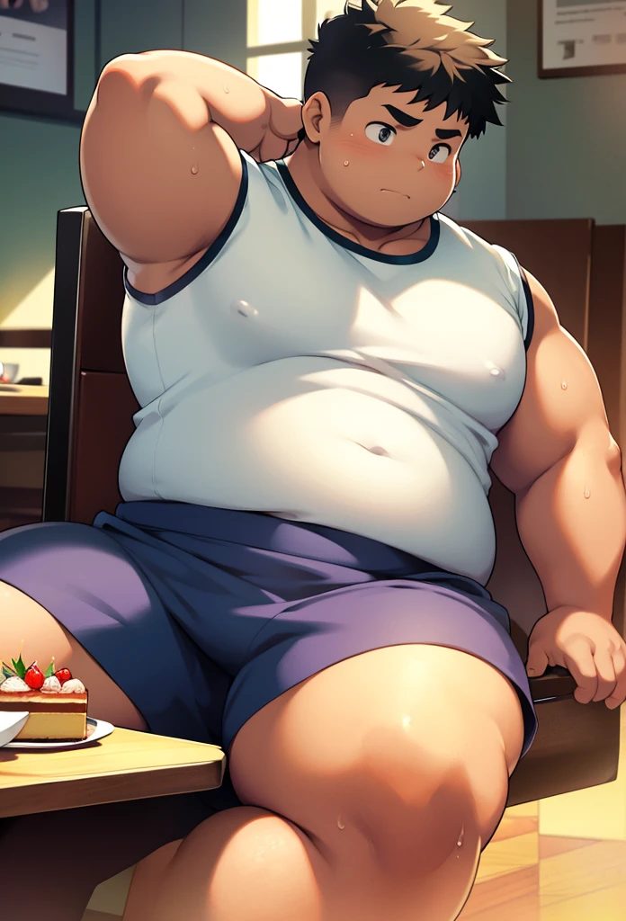 Indian boy, obese, hight weight, big paunchy boy, teen boy, big juicy thighs, fat male chest with huge pectorals, fat armpits, arms full of fat, wearing a small sleeveless white shirt, His pectorals are so big that they stick out from the sides of the straps of his sleeveless shirt, using small black mini shorts that severely squeeze her buttocks, sitting in a square in a cake restaurant, leaning in the chair, arms over the table, impatient, calm, serene, looking to one side, bulge between the legs, sweat, heat, sun rays, 3:4, detailed face