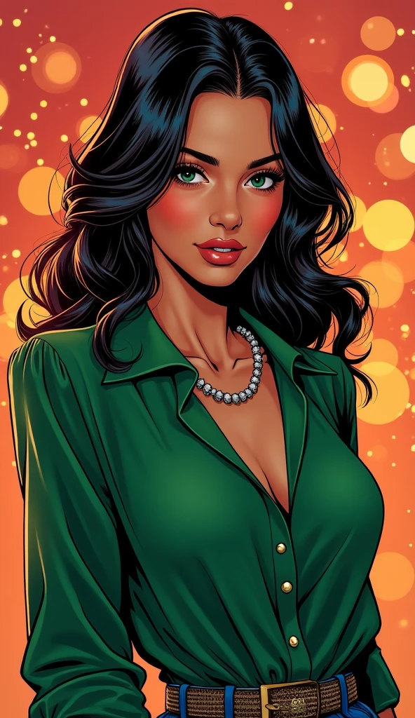 in the Human Comics style create a character, in the Human Comics style create a character, Jess is a girl with long black hair with golden highlights. She wears a tiara on her head and has light green eyes and a radiant smile, radiating an aura of extreme beauty. She wears a light green floral coat with a blouse underneath and a cleavage on her breasts, long light blue boots with a pointed toe, leather pants with small chains around them and long pearl earrings.