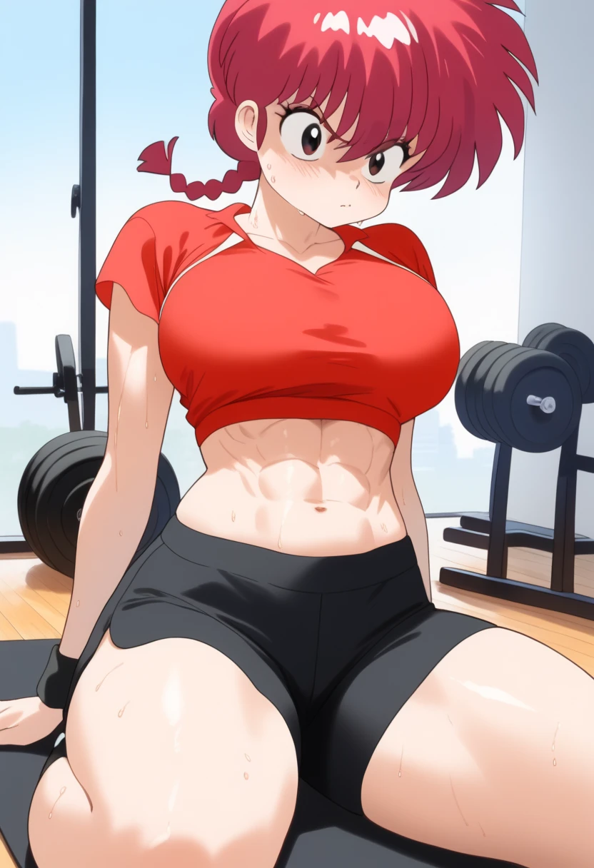  Ranma saotome , red hair, braided hair, Big boobs, NSFW, Pecho enorme, redondo,  inflated and overfilled breasts, abdomen sexy, beautiful face, pose sexy,  Beautiful woman, fullbody, workout clothes, black exercise top,  black shorts,  bare navel ,  thick thighs , sweat,  value leaving the body,  strong abdomen marked ,  hard abs , tired,   tired face , 