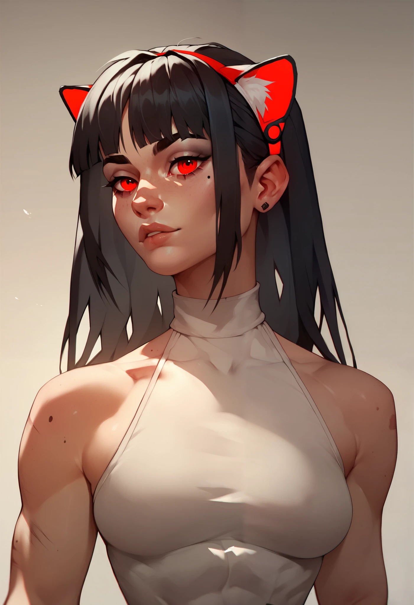 ( masterpiece ) ( better quality ) ( Junkotvvxl's detailed face), 1arcane girl , arcane style,  upper body: sexy,  small waist , black hair,  straight bangs , cat ears, red eyes.