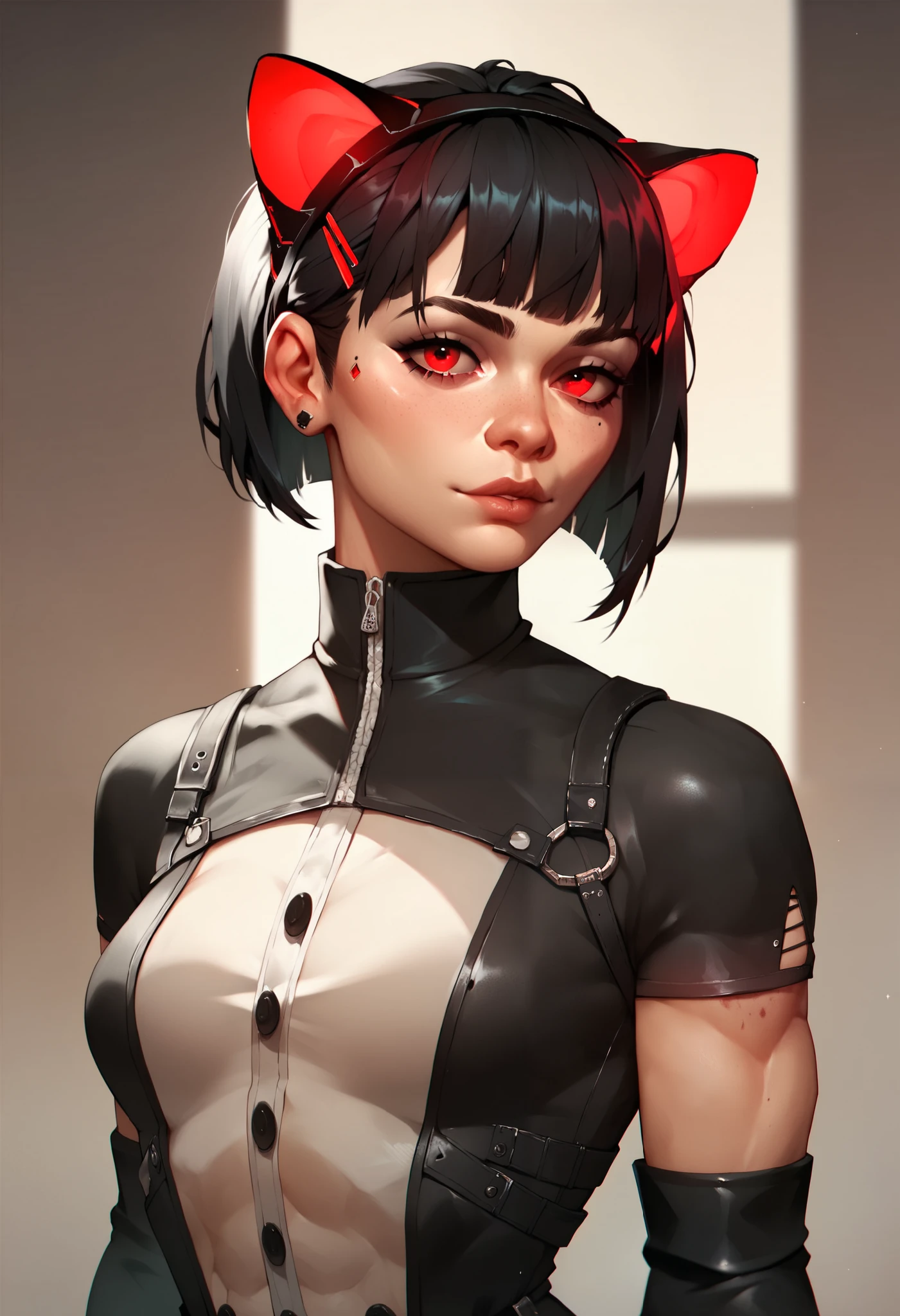 ( masterpiece ) ( better quality ) ( Junkotvvxl's detailed face), 1arcane girl , arcane style,  upper body: sexy,  small waist , black hair,  straight bangs , cat ears, red eyes.