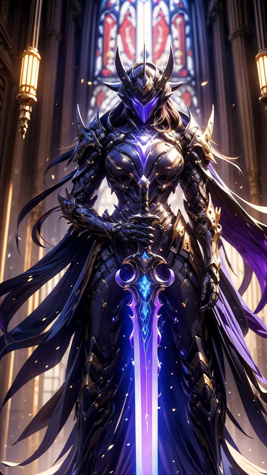  close-up of a person wearing a purple costume and holding a sword, Purple Armor, なめらかなPurple Armor,  8k HD Wallpaper jpeg Artifact ,  8k HD wallpaper jpeg artifact , ethereal and Mecha theme,  Overwatch Sigma ,  Armor with a Purple Glowing Core , Threatening.Unreal 5, Cyber Suit, Cyber Armor,  8K High Detailed Concept Art ,  Ultra Wide Shot ,  full body shot , (masterpiece) , 最 High Quality  ,  High Quality , (futuristic:1.1), ( Paladin with a Sword that harbors Light , The magic of light, Sacred, Wave,  silver and gold), movie lights, (A wonderful future),  Beautiful and Beautiful  ,  super detailed , great composition, floating,  depth of writing, ( Highly Detailed CG, Unity 8k Wallpaper ), (  beautiful detail background  ),  Beautiful Hair Details ,  dramatic light , Gogeta, Mecha, best quality , ultra high resolution with forest background,Photographically,  Handsome Man with White Skin ,  Beautiful Hair Details _Red suit, dark_ fantasy standing in a church,  curly long hair , Red Moon,  pixib, ,  Elegant Eerie , FF14,  dramatic light ,  fantasy standing in a church background,  manga style, Nihei Tsutomu style ,  Vibrant Joint , Bright purple hair, woman,  attractive style holding a big axe、Big Breasts、 big breasts、female knight、 Female Warrior、美しいwoman、 rich breasts、 voluminous bust