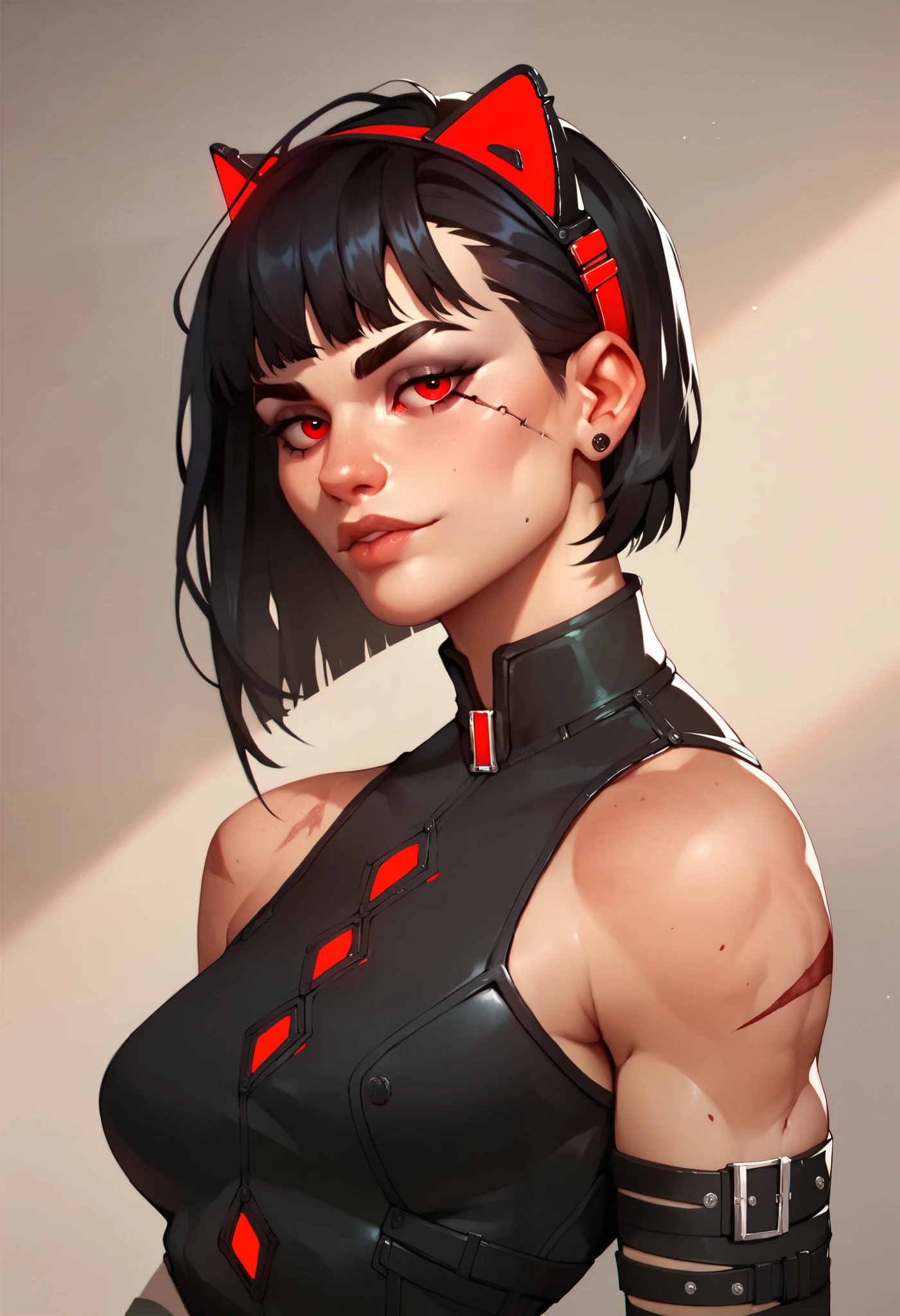 ( masterpiece ) ( better quality ) ( Junkotvvxl's detailed face), 1arcane girl , arcane style,  upper body : sexy,  small waist , black hair,  straight bangs , cat ears, red eyes.