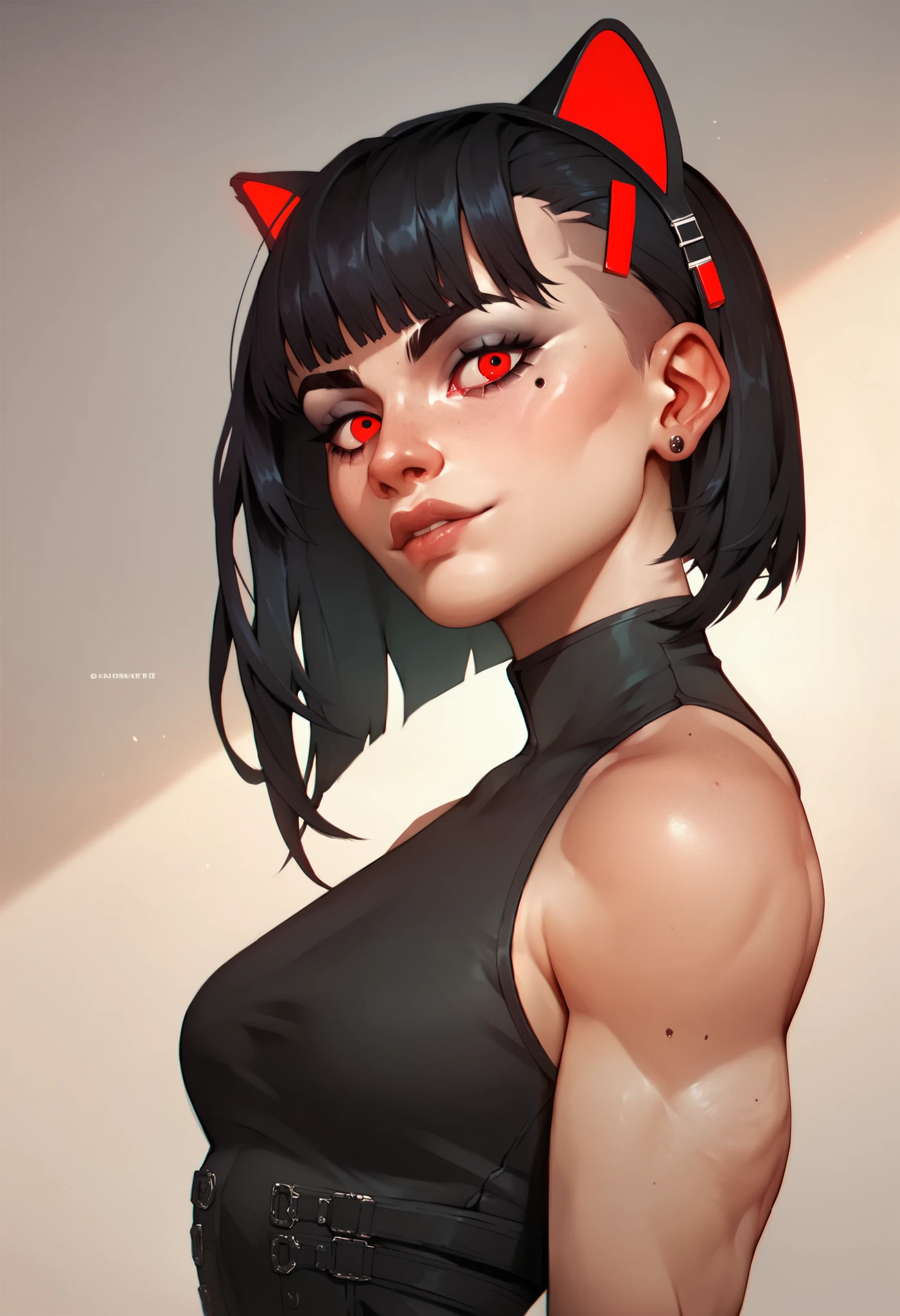 ( masterpiece ) ( better quality ) ( Junkotvvxl's detailed face), 1arcane girl , arcane style,  upper body: sexy,  small waist , black hair,  straight bangs , cat ears, red eyes.