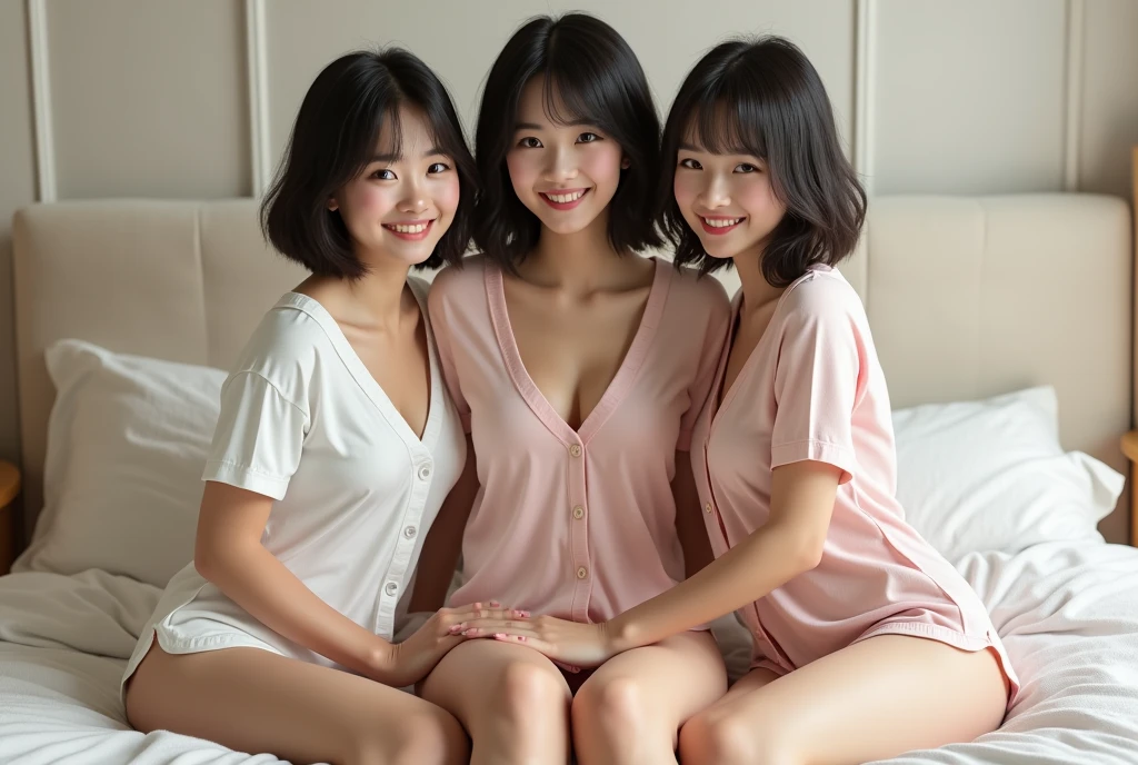 Three smiling girls, Blowing in the wind for a long time [Blue-black:.3] hair,View your audience, (masterpiece:1.3), (8K, Realistic, RAW Photos, Highest quality: 1.4), Japanese, (One Girl), Beautiful Face, (Realistic Face), (black hair, short hair:1.3), beautiful hairstyle, Realistic eyes, Beautiful details, (Realistic Skin), Beautiful Skin, charm, Ultra-high resolution, Ultra-realistic, Very detailed, Apartment, pajamas, Shooting with a smartphone、Nipples、Selfie