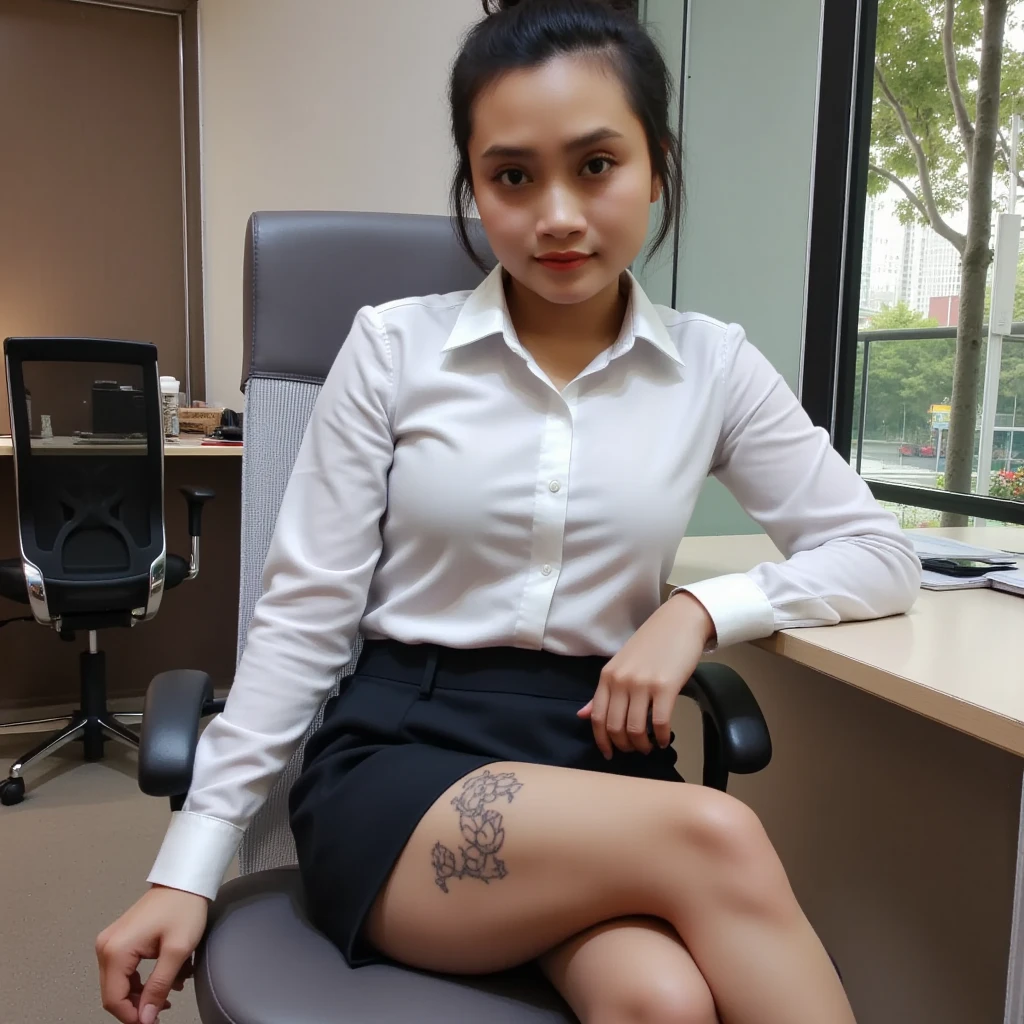 Indonesian face girl, wear skirt, Girl sitting on chair, open crossing leg, seeing panties on skirt, visible white panties