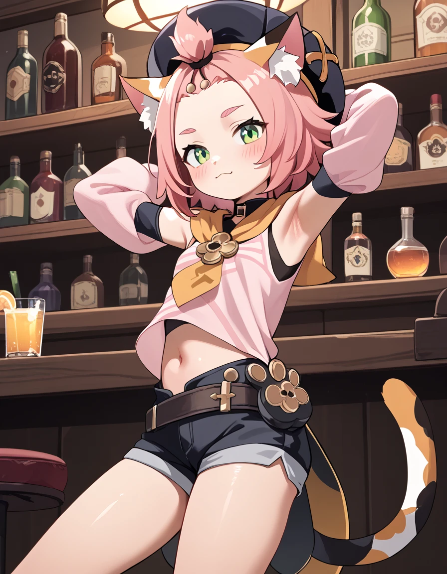 score_9, score_8_up, score_7_up, score_6, source_anime, BREAK diona \(genshin impact\), mngmst_style, 1girl, animal ear fluff, animal ears, belt, black shorts, cat ears, cat girl, cat tail, forehead, green eyes, hat, navel, pink hair, pink shirt, shirt, short hair, shorts, solo, tail, topknot,  armpits, bar, sexy, blush, feet, soles