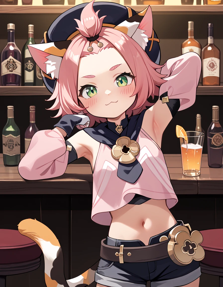 score_9, score_8_up, score_7_up, score_6, source_anime, BREAK diona \(genshin impact\), mngmst_style, 1girl, animal ear fluff, animal ears, belt, black shorts, cat ears, cat girl, cat tail, forehead, green eyes, hat, navel, pink hair, pink shirt, shirt, short hair, shorts, solo, tail, topknot,  armpits, bar, sexy, blush, feet, soles