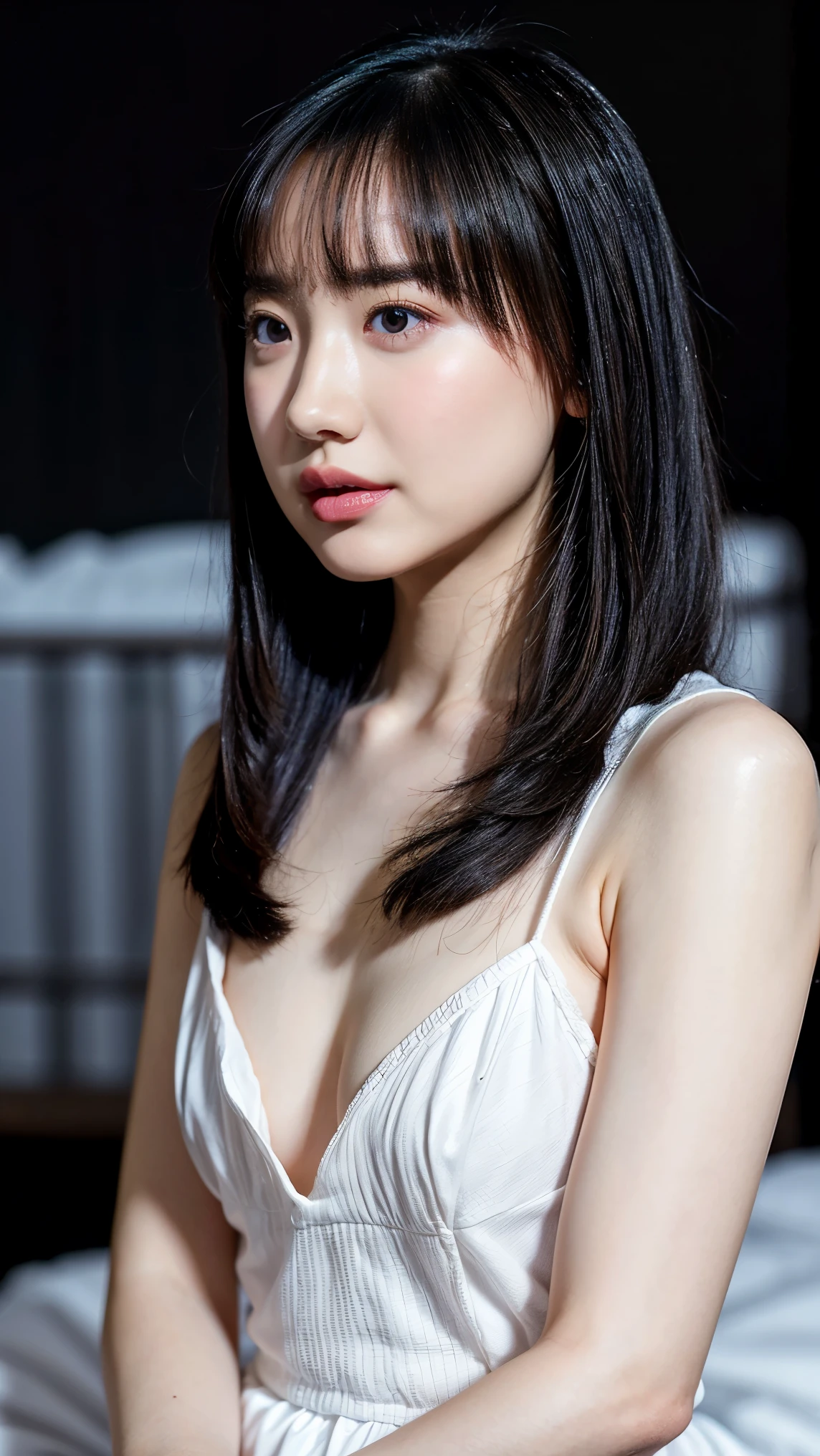 ((Petite women, Voluptuous women, no makeup in the coal mine, In the bedroom)), ( Full Body Portrait , black hair, short hair, Big Breasts , Completely naked, protruding nipples, Thick pubic hair ), Pale skin, Glossy pale lips, skinny, Body Type, delicate and sexy collarbone , best quality, RAW photo, Realistic, face, Very Beautiful , cute, Text frame depth , high definition , 超 Details, Details, Very Details, extremely Details eye and face, sharp pupils, sharp concentration, Film Lighting