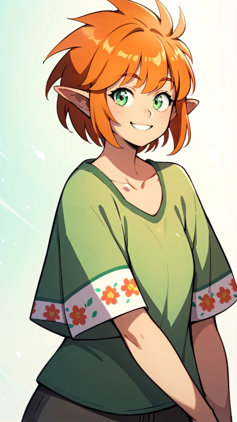 Ixchel,1girl,solo,short hair,orange hair,pointy ears,green eyes, wide smile