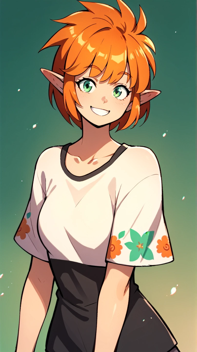 Ixchel,1girl,solo,short hair,orange hair,pointy ears,green eyes, wide smile