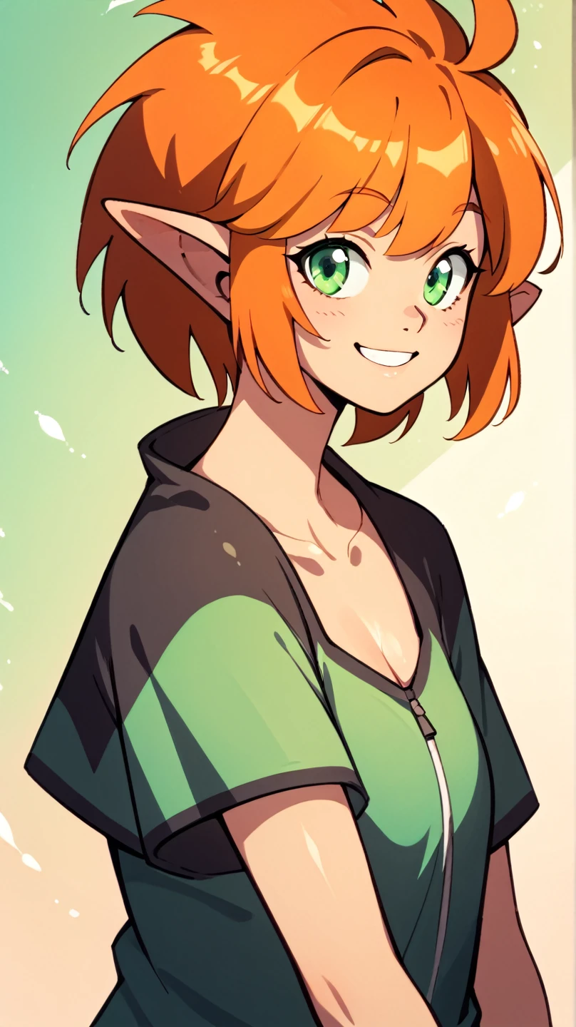 Ixchel,1girl,solo,short hair,orange hair,pointy ears,green eyes, wide smile