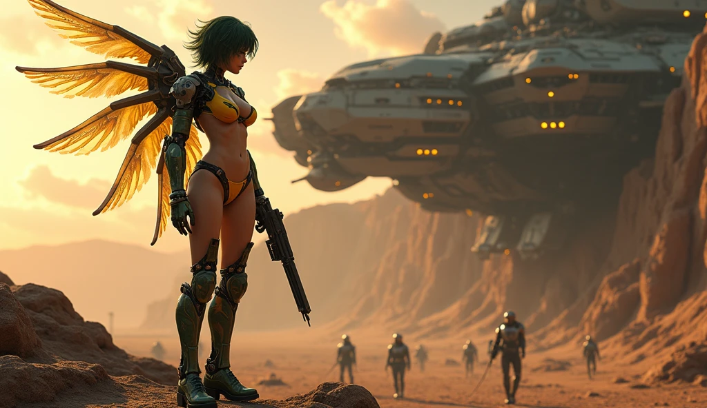 blond woman in bikini standing in front of a group of robots, inspired by Keith Parkinson, retrofuturistic, military art, desert valley of bones, still from a music video, art of édouard bisson, megadeth, the watchers --auto --s2