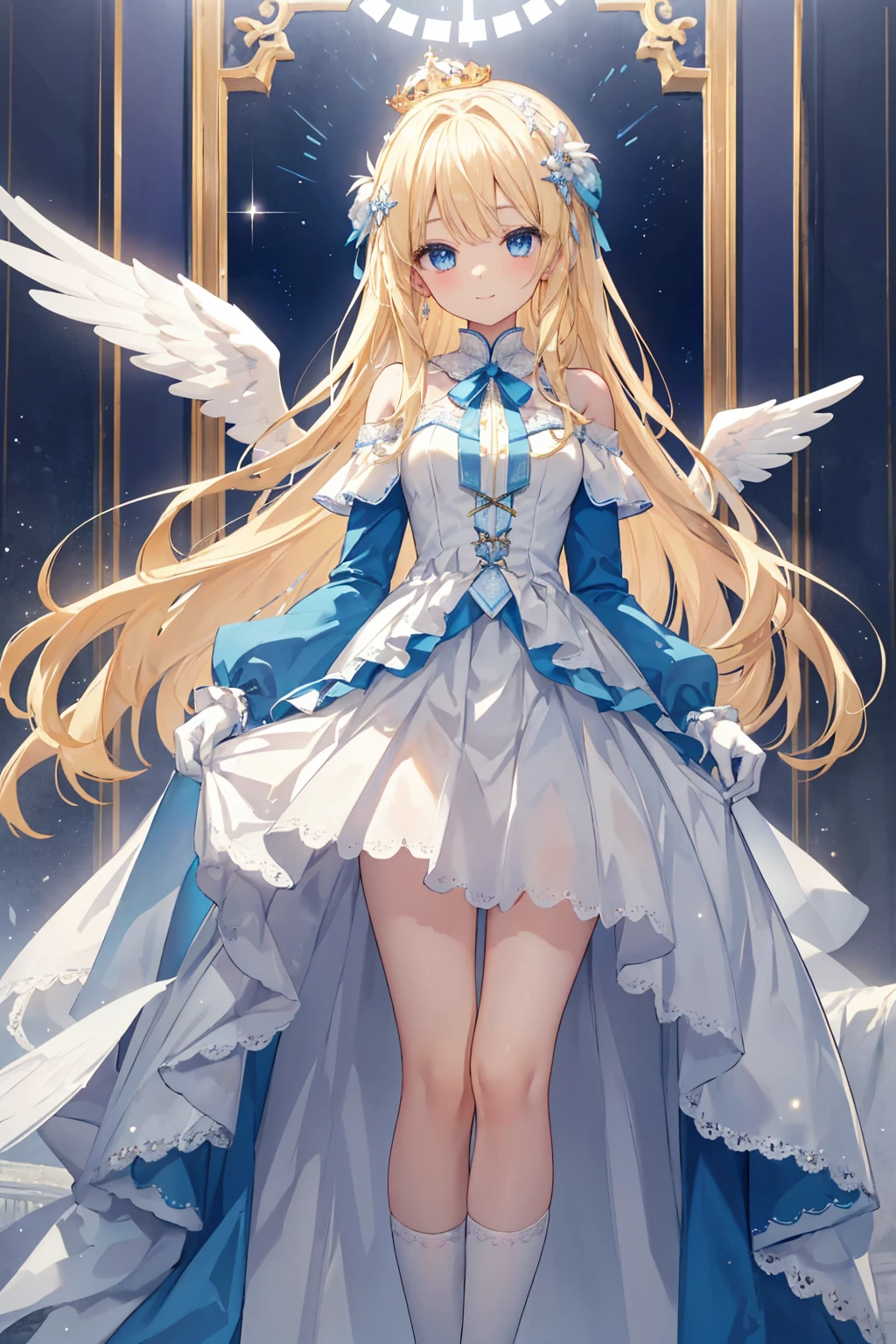 A charming standing blonde angel ， Her long hair is adorned with ...