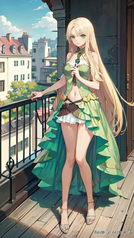  blonde hair,  long hair, Green Eyes, Green gown,  skirt, Thin legs, belly button, balcony