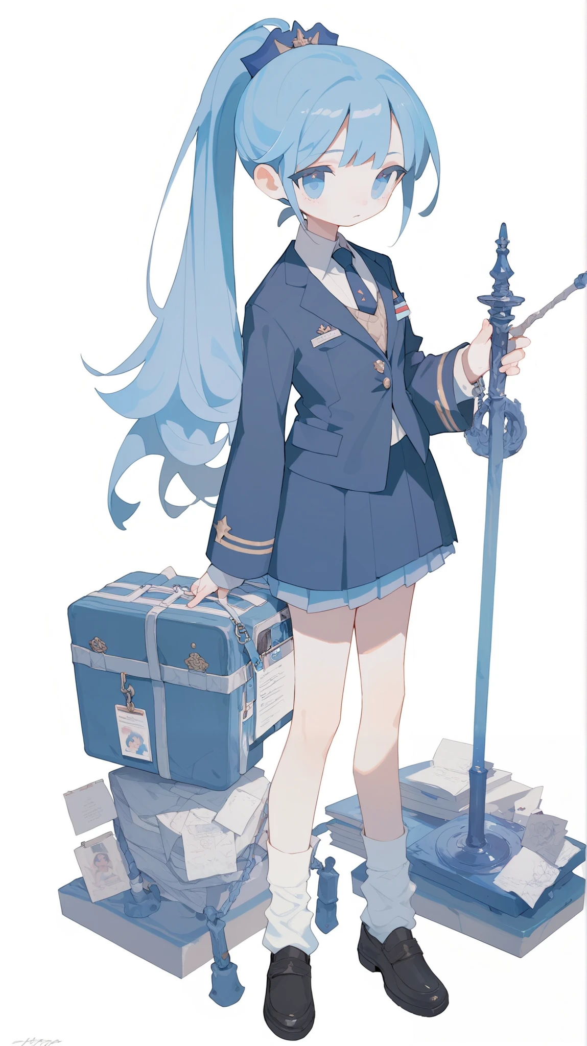  ((Top Quality)), ((Masterpiece)), A girl with light blue hair and a ponytail. She is wearing a navy blue blazer and a navy knee-length skirt. Big eyes, short white socks, and black shoes. white background. Standing still.