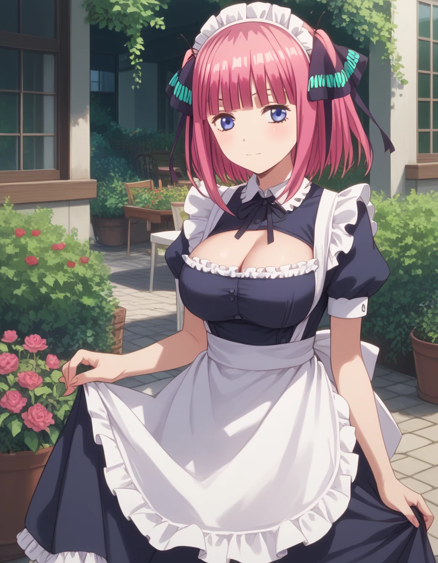 best quality, insanely detailed, nino nakano, breasts, blush, outdoor background, bare-shoulder, looking at viewer, garter strap, a black ribbon, pantyhose